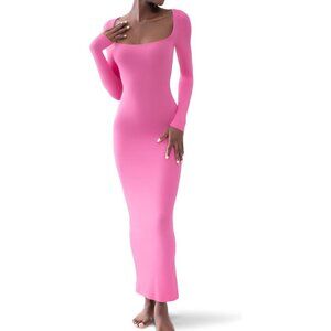 Women's Bubblegum Square Neck Long Sleeve Ribbed Body-con Soft Lounge Maxi Dress